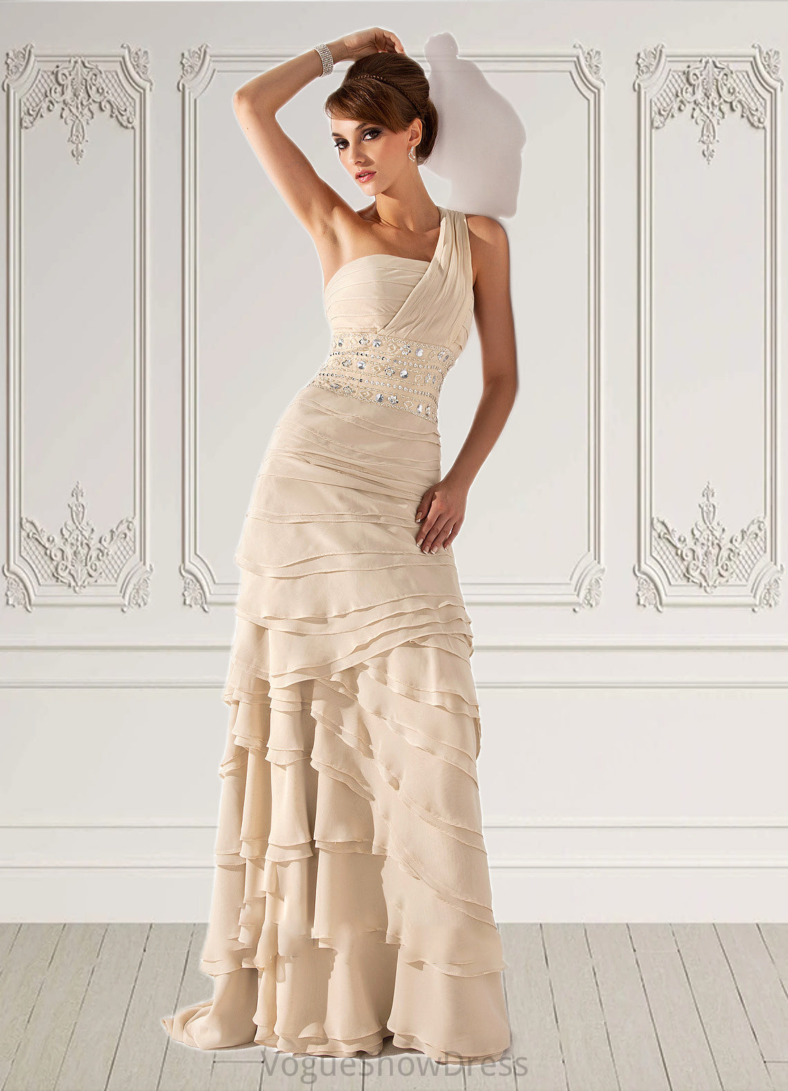 Violet A-Line One-Shoulder Sweep Train Chiffon Mother of the Bride Dress With Beading Cascading Ruffles DL126P0014610