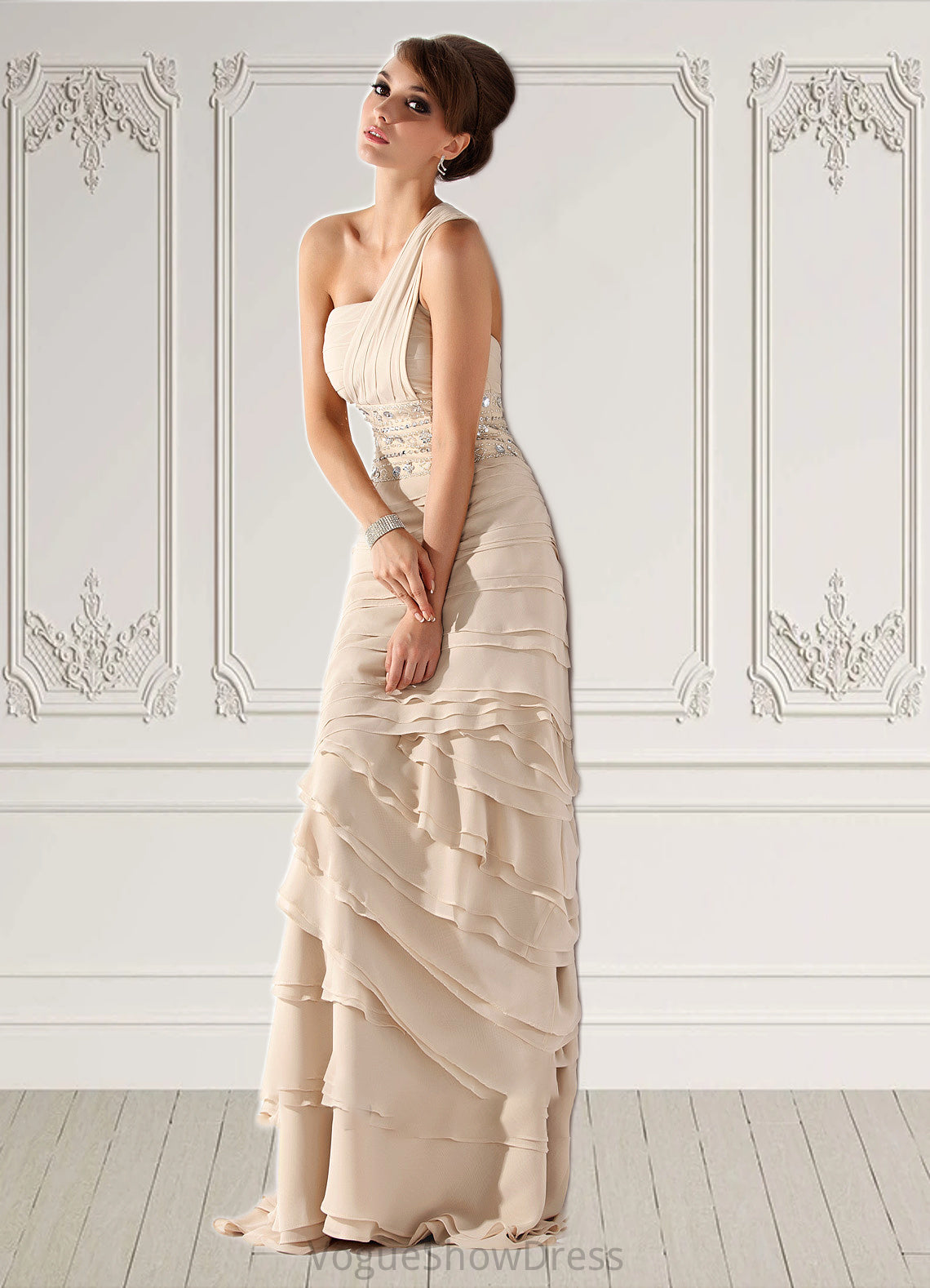 Violet A-Line One-Shoulder Sweep Train Chiffon Mother of the Bride Dress With Beading Cascading Ruffles DL126P0014610