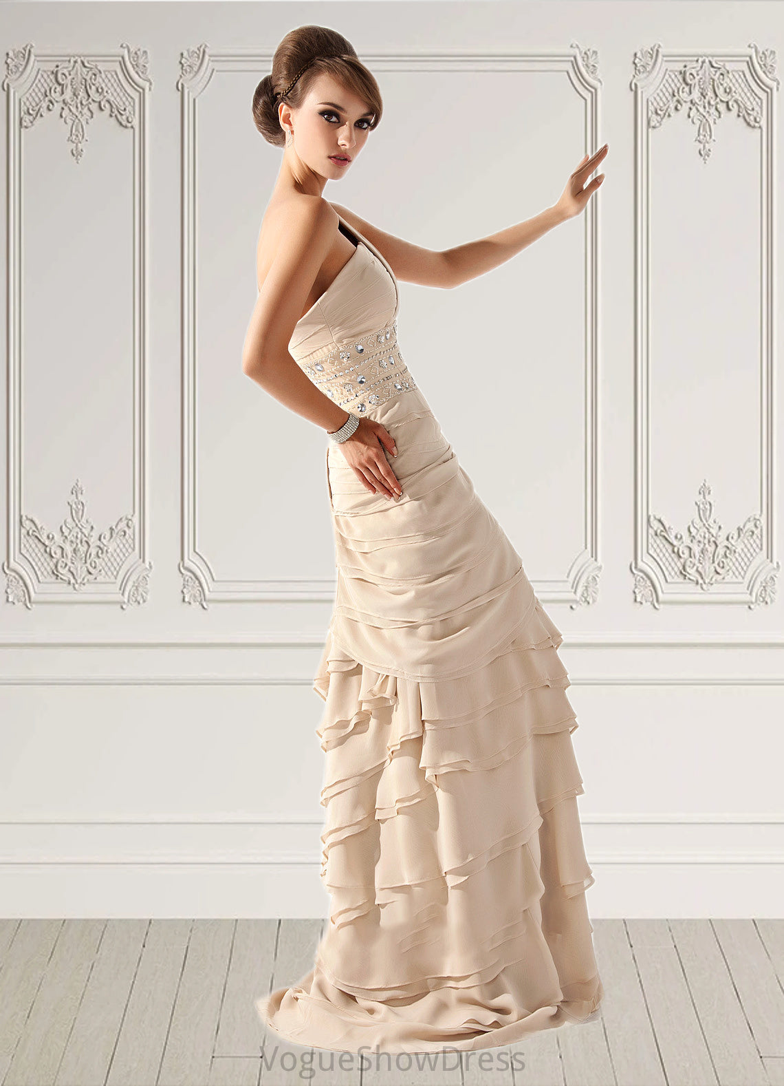 Violet A-Line One-Shoulder Sweep Train Chiffon Mother of the Bride Dress With Beading Cascading Ruffles DL126P0014610