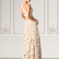 Violet A-Line One-Shoulder Sweep Train Chiffon Mother of the Bride Dress With Beading Cascading Ruffles DL126P0014610