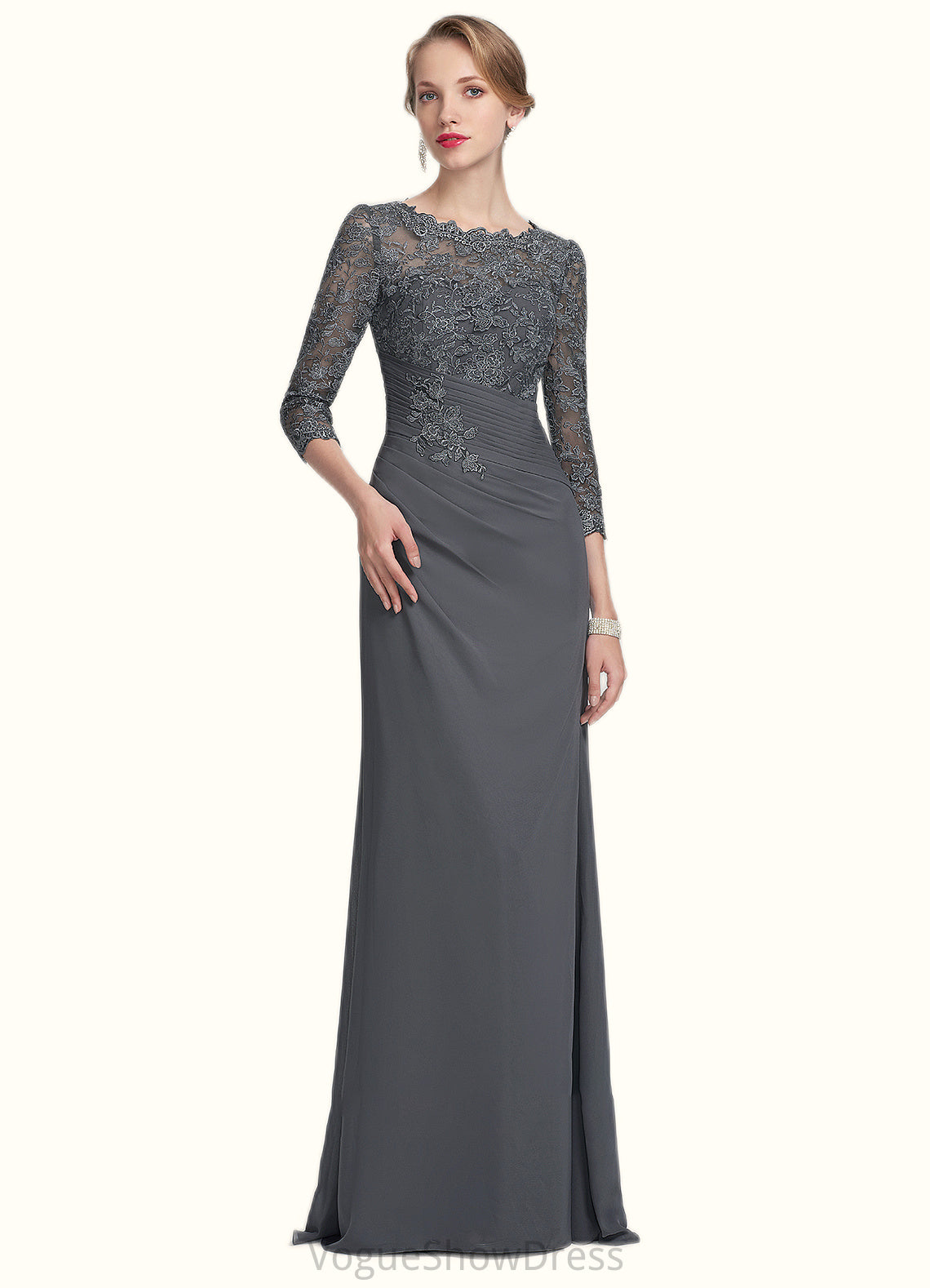 Riley Sheath/Column Scoop Neck Floor-Length Chiffon Lace Mother of the Bride Dress With Ruffle DL126P0014611