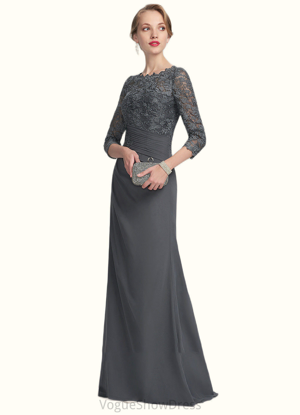 Riley Sheath/Column Scoop Neck Floor-Length Chiffon Lace Mother of the Bride Dress With Ruffle DL126P0014611