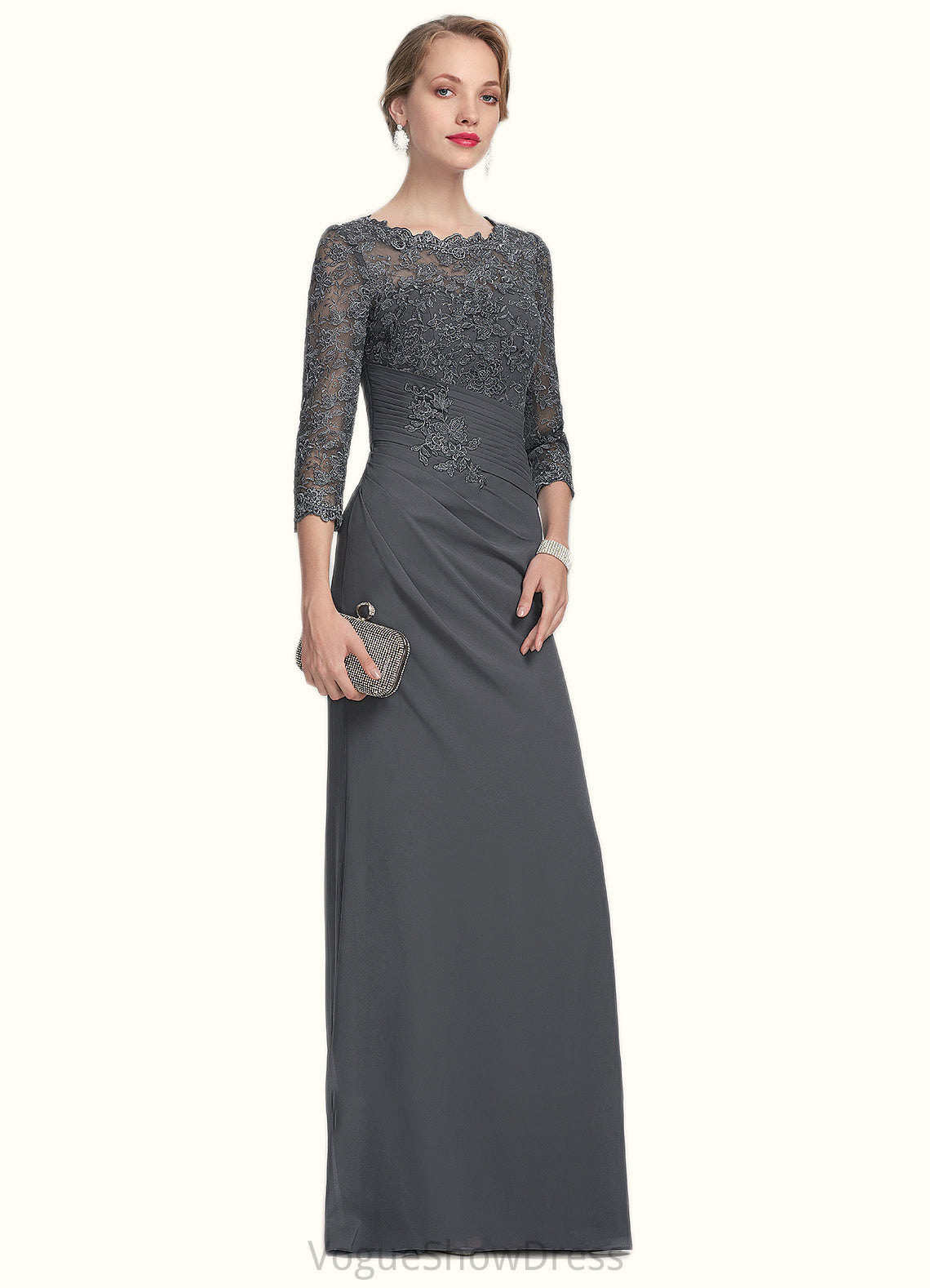 Riley Sheath/Column Scoop Neck Floor-Length Chiffon Lace Mother of the Bride Dress With Ruffle DL126P0014611