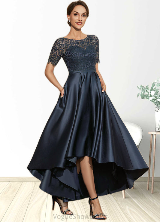 Madalynn A-Line Scoop Neck Asymmetrical Satin Lace Mother of the Bride Dress With Pockets DL126P0014613