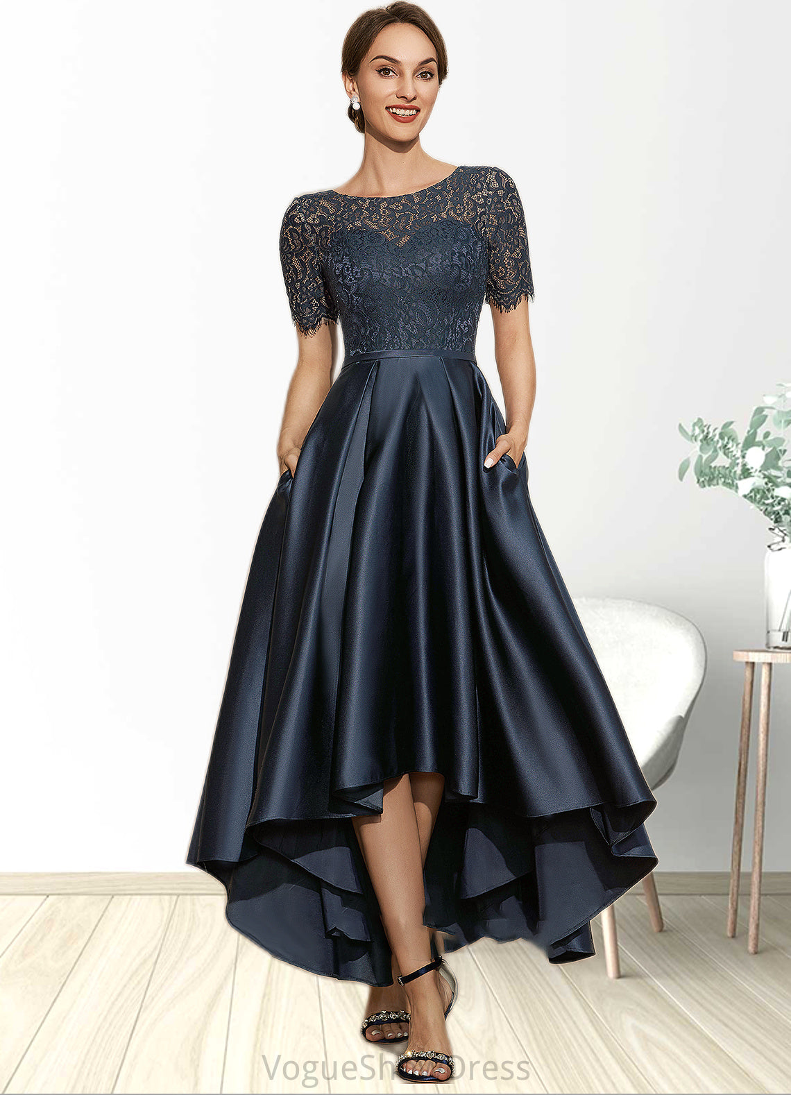 Madalynn A-Line Scoop Neck Asymmetrical Satin Lace Mother of the Bride Dress With Pockets DL126P0014613