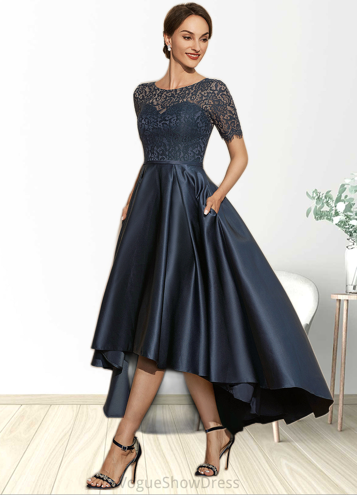 Madalynn A-Line Scoop Neck Asymmetrical Satin Lace Mother of the Bride Dress With Pockets DL126P0014613