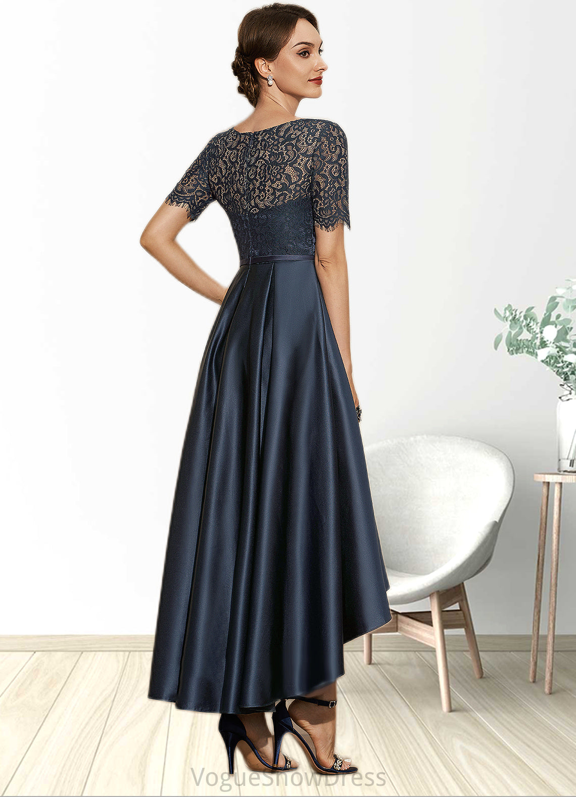 Madalynn A-Line Scoop Neck Asymmetrical Satin Lace Mother of the Bride Dress With Pockets DL126P0014613