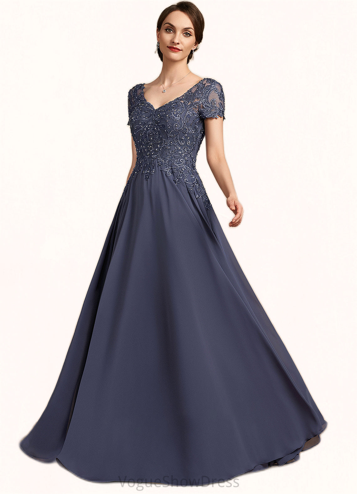 Jazlynn A-line V-Neck Floor-Length Chiffon Lace Mother of the Bride Dress With Beading Sequins DL126P0014614