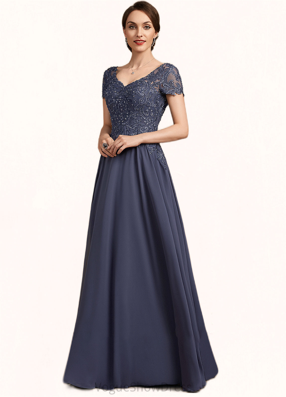 Jazlynn A-line V-Neck Floor-Length Chiffon Lace Mother of the Bride Dress With Beading Sequins DL126P0014614