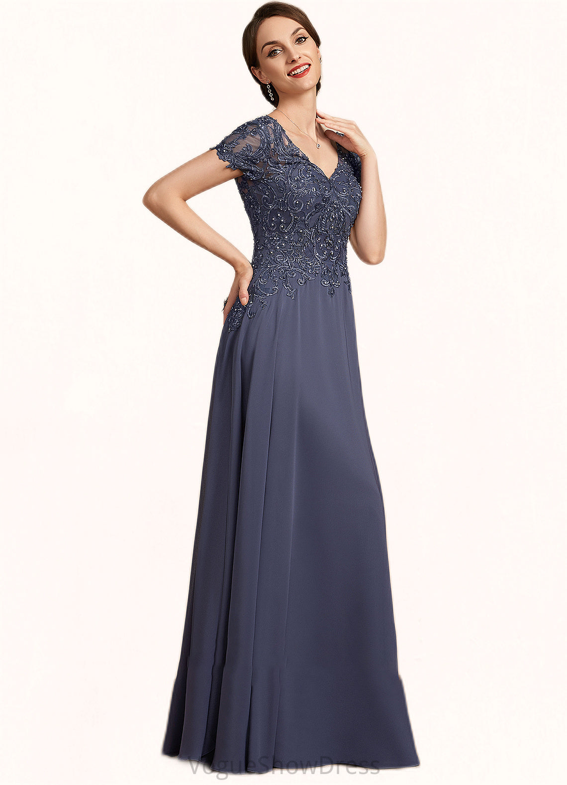 Jazlynn A-line V-Neck Floor-Length Chiffon Lace Mother of the Bride Dress With Beading Sequins DL126P0014614