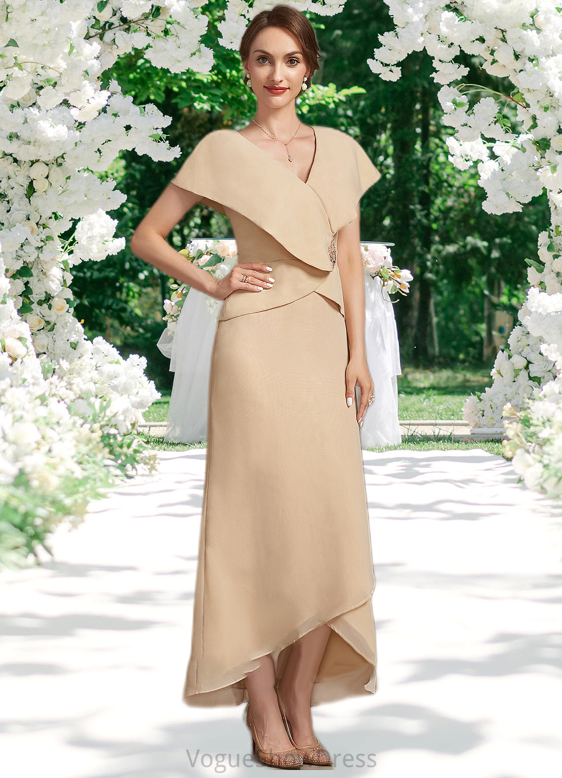 Gabriella A-line V-Neck Asymmetrical Chiffon Mother of the Bride Dress With Beading Sequins DL126P0014615