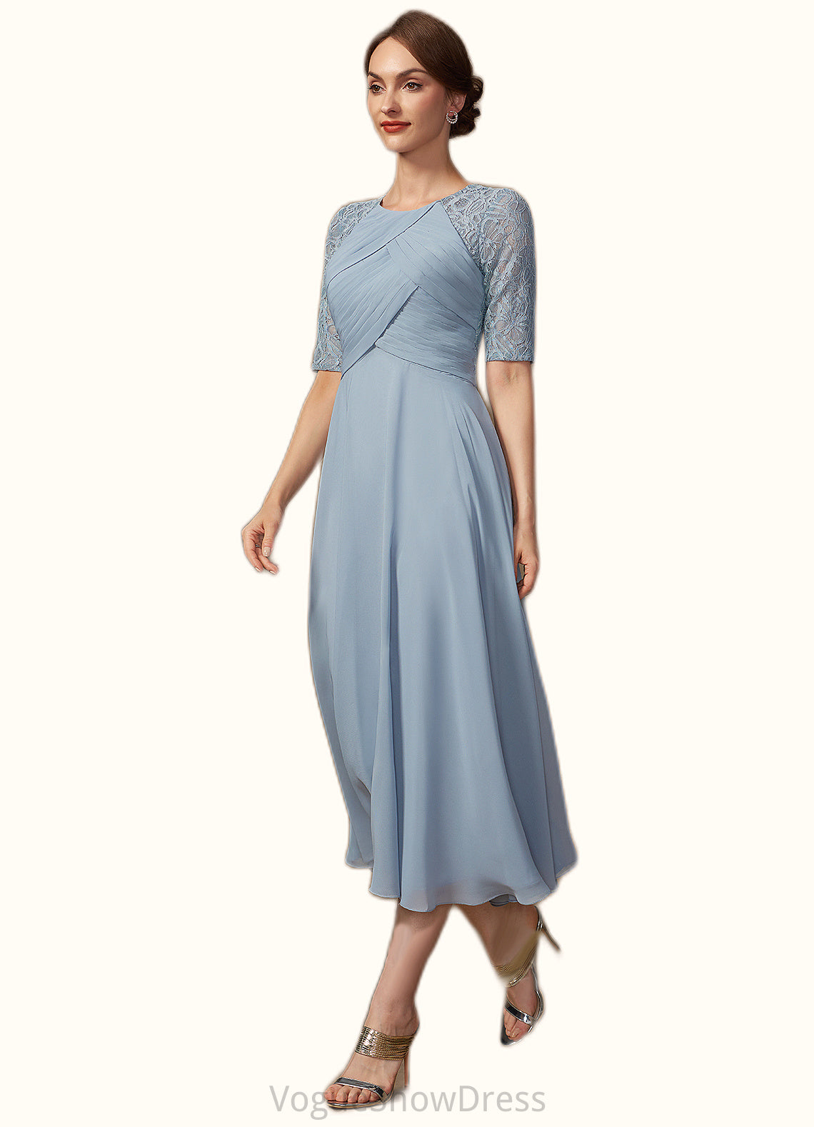 Anna A-Line Scoop Neck Tea-Length Chiffon Lace Mother of the Bride Dress With Ruffle DL126P0014616