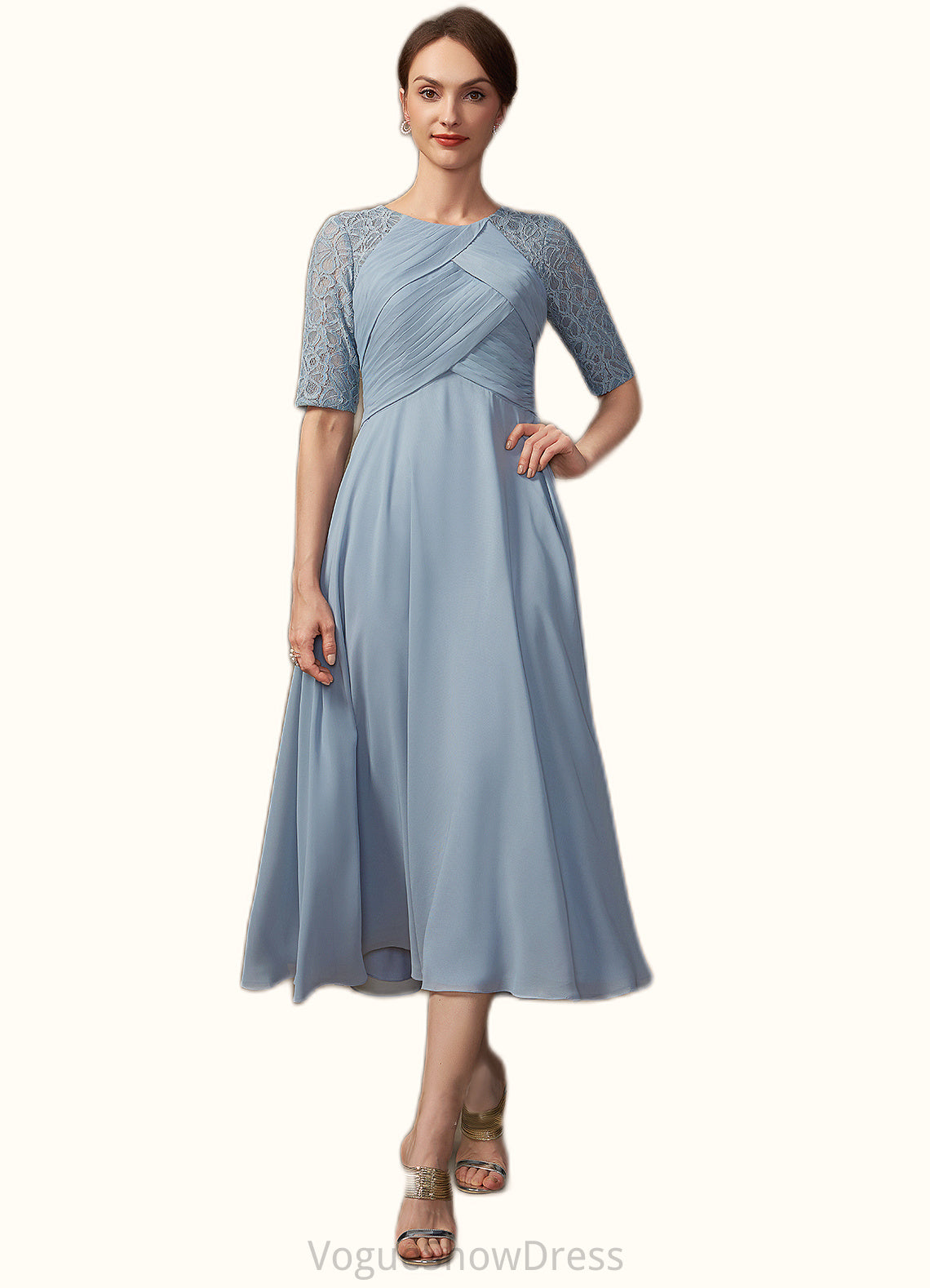 Anna A-Line Scoop Neck Tea-Length Chiffon Lace Mother of the Bride Dress With Ruffle DL126P0014616