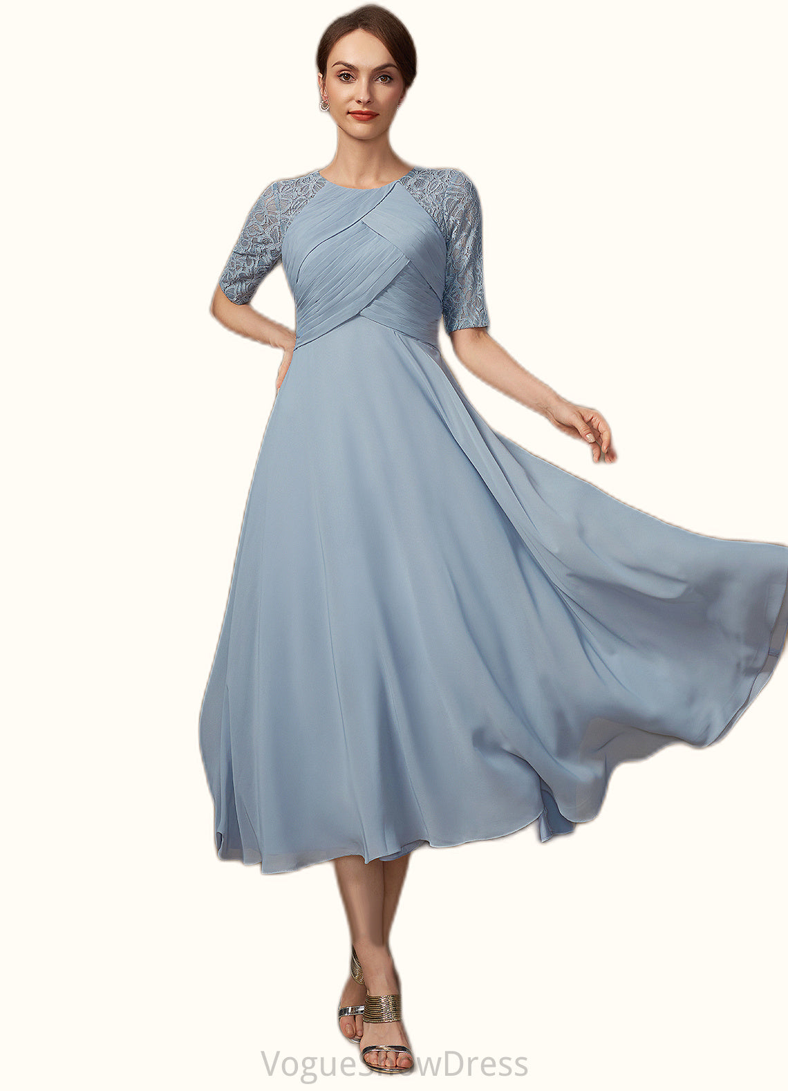 Anna A-Line Scoop Neck Tea-Length Chiffon Lace Mother of the Bride Dress With Ruffle DL126P0014616