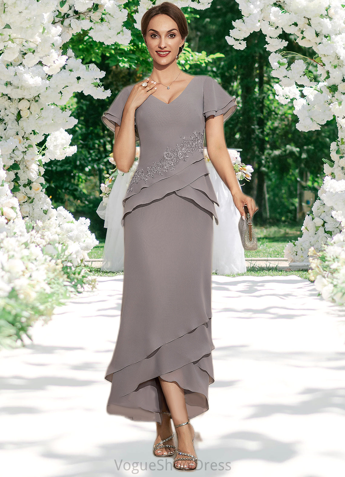 Kinsley Sheath/Column V-neck Asymmetrical Chiffon Mother of the Bride Dress With Appliques Lace Cascading Ruffles DL126P0014617