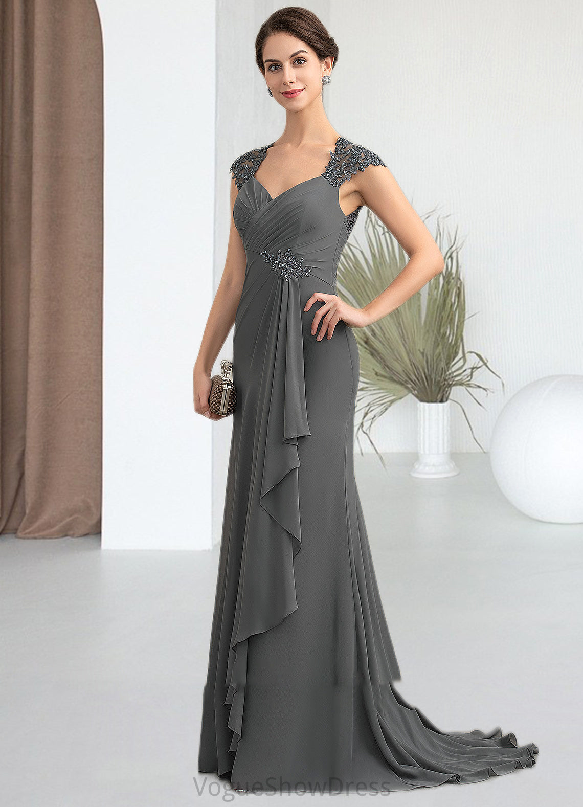 Martha A-Line Sweetheart Sweep Train Chiffon Lace Mother of the Bride Dress With Beading Sequins DL126P0014618