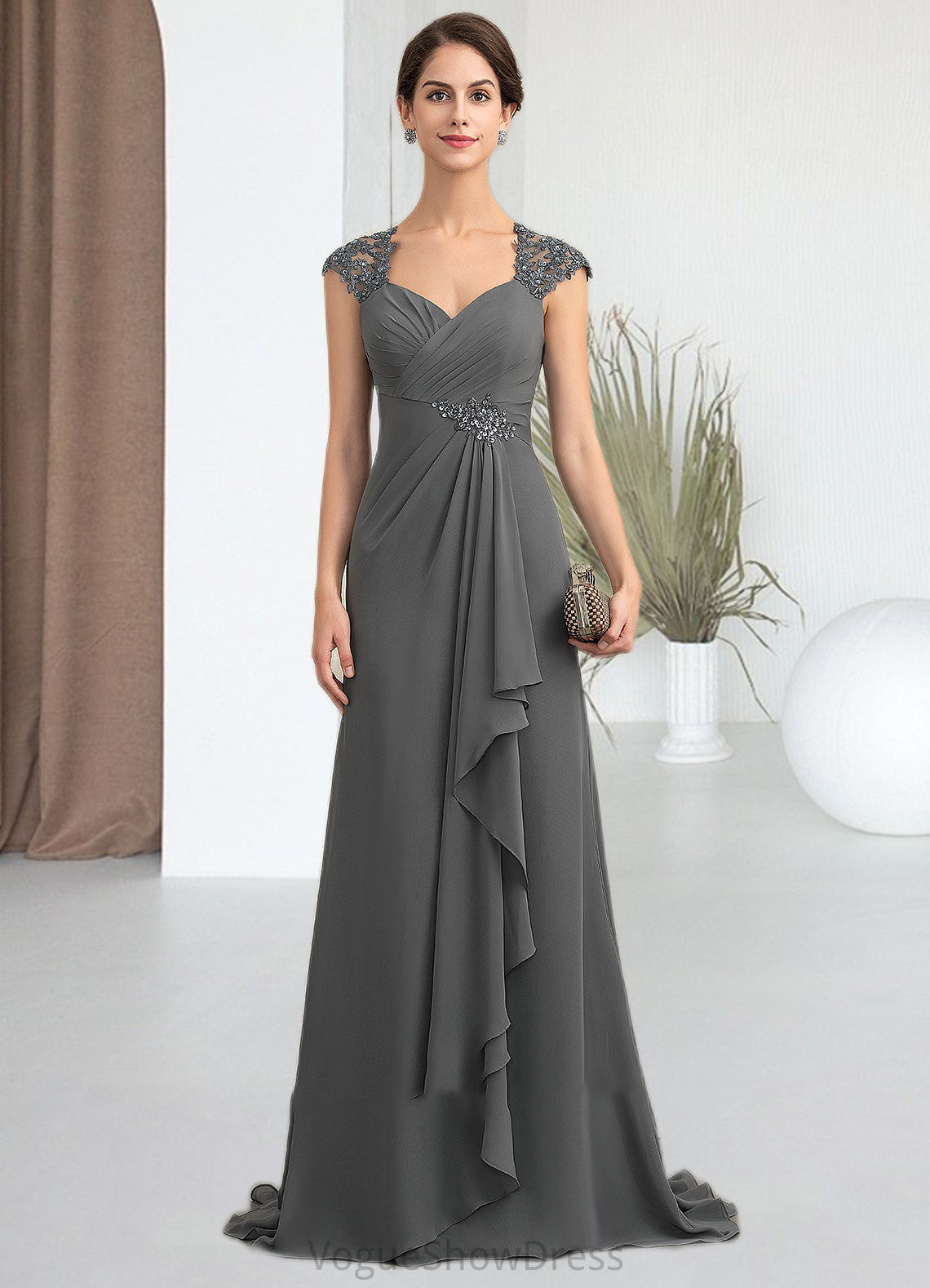 Martha A-Line Sweetheart Sweep Train Chiffon Lace Mother of the Bride Dress With Beading Sequins DL126P0014618