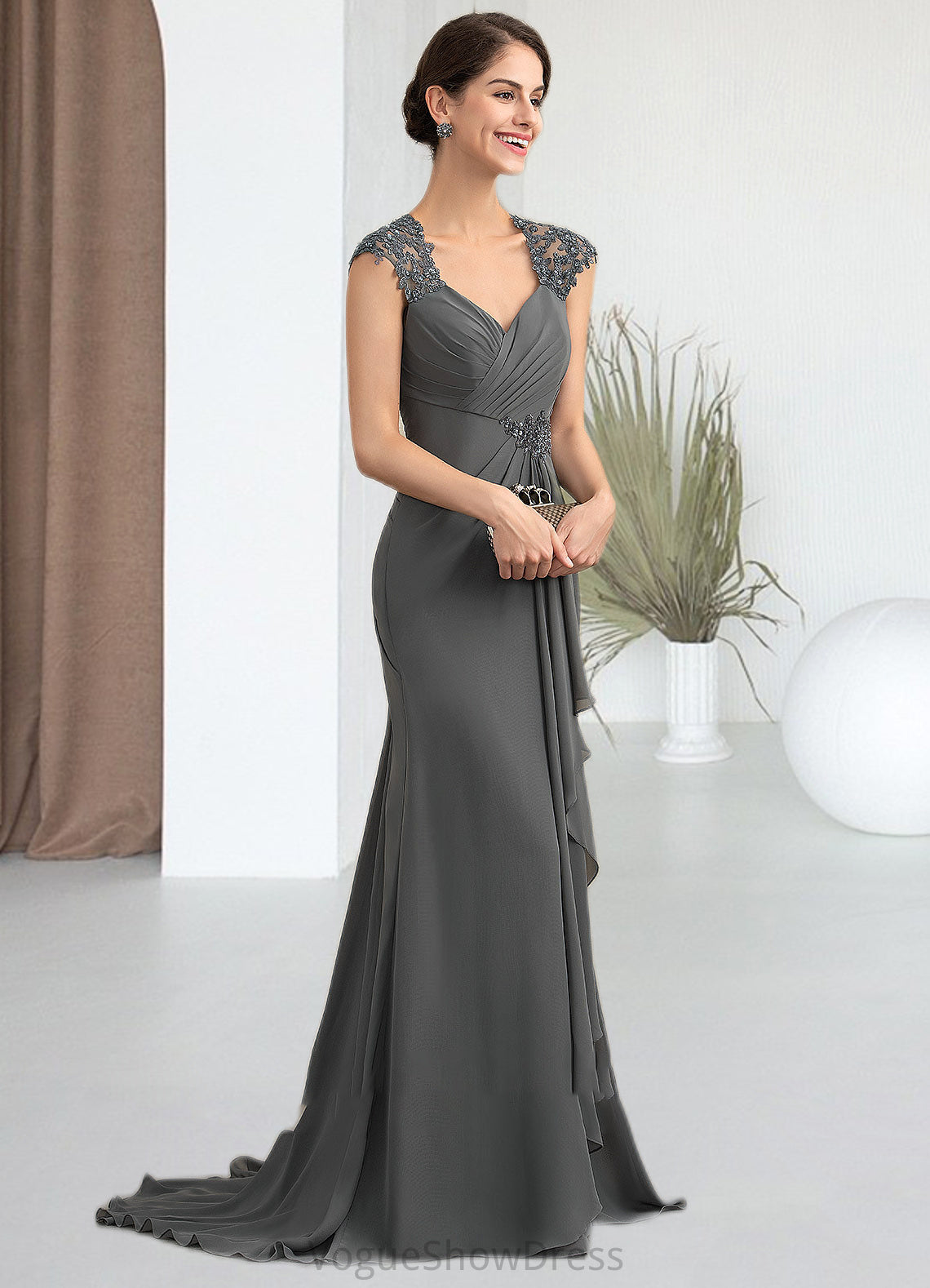 Martha A-Line Sweetheart Sweep Train Chiffon Lace Mother of the Bride Dress With Beading Sequins DL126P0014618