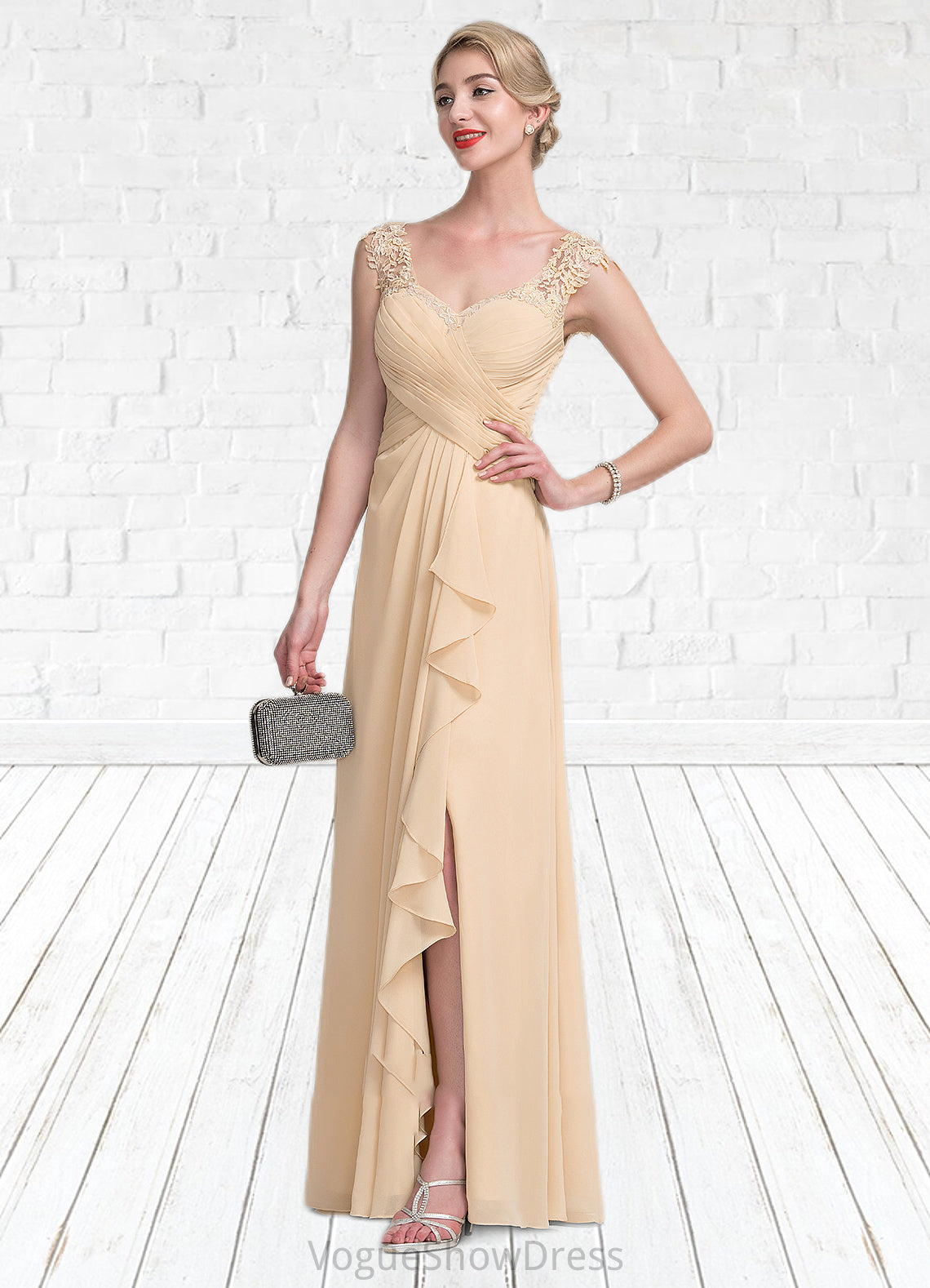 Jillian A-Line V-neck Floor-Length Chiffon Lace Mother of the Bride Dress With Split Front Cascading Ruffles DL126P0014619