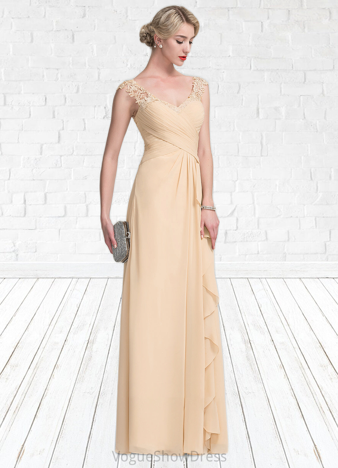 Jillian A-Line V-neck Floor-Length Chiffon Lace Mother of the Bride Dress With Split Front Cascading Ruffles DL126P0014619