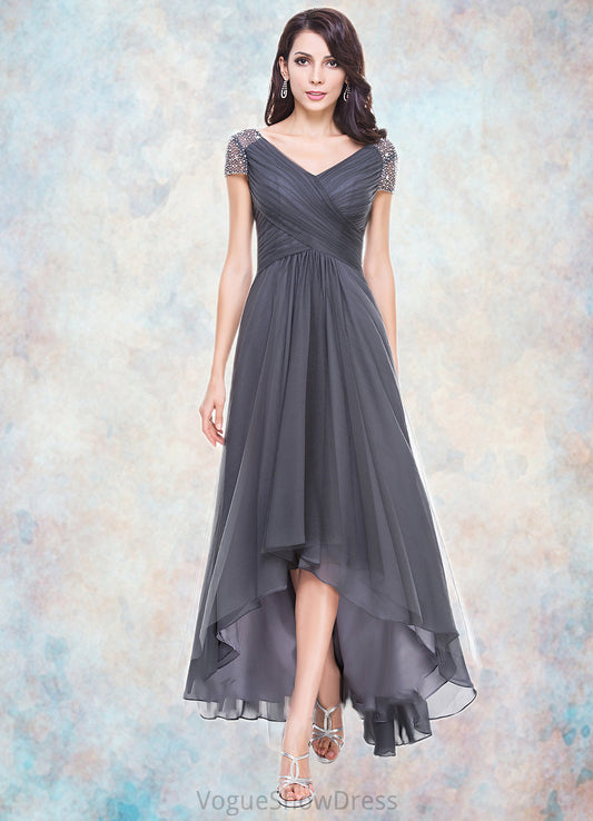 Tia A-Line V-neck Asymmetrical Tulle Mother of the Bride Dress With Ruffle Beading Sequins DL126P0014620