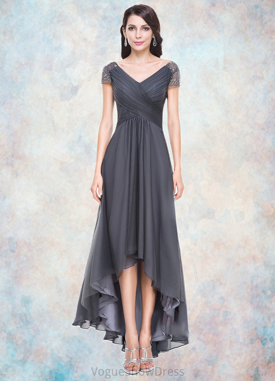 Tia A-Line V-neck Asymmetrical Tulle Mother of the Bride Dress With Ruffle Beading Sequins DL126P0014620