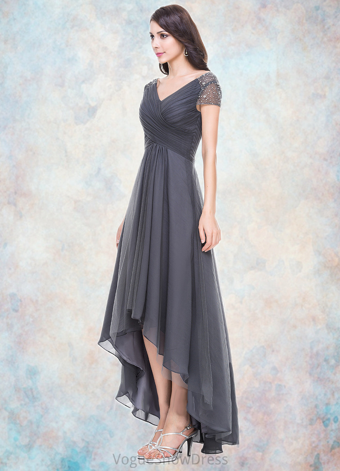 Tia A-Line V-neck Asymmetrical Tulle Mother of the Bride Dress With Ruffle Beading Sequins DL126P0014620