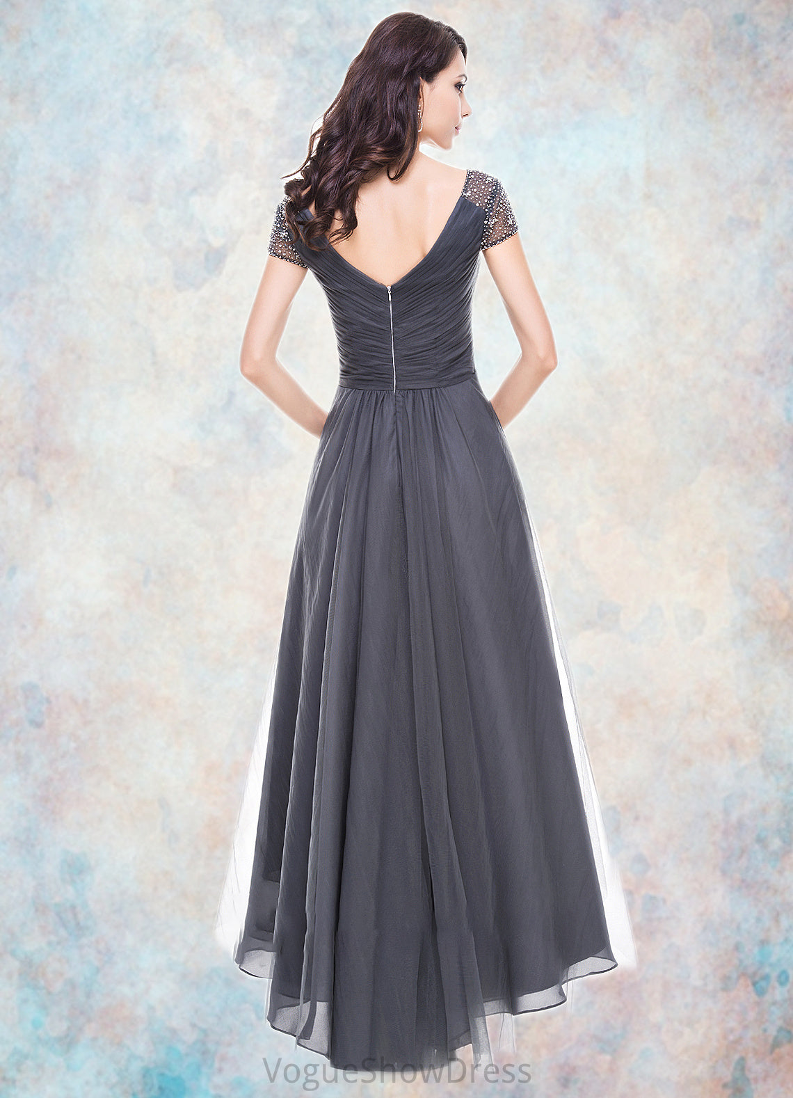 Tia A-Line V-neck Asymmetrical Tulle Mother of the Bride Dress With Ruffle Beading Sequins DL126P0014620