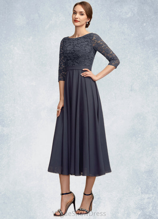 Kaylah A-Line Scoop Neck Tea-Length Chiffon Lace Mother of the Bride Dress With Sequins DL126P0014621