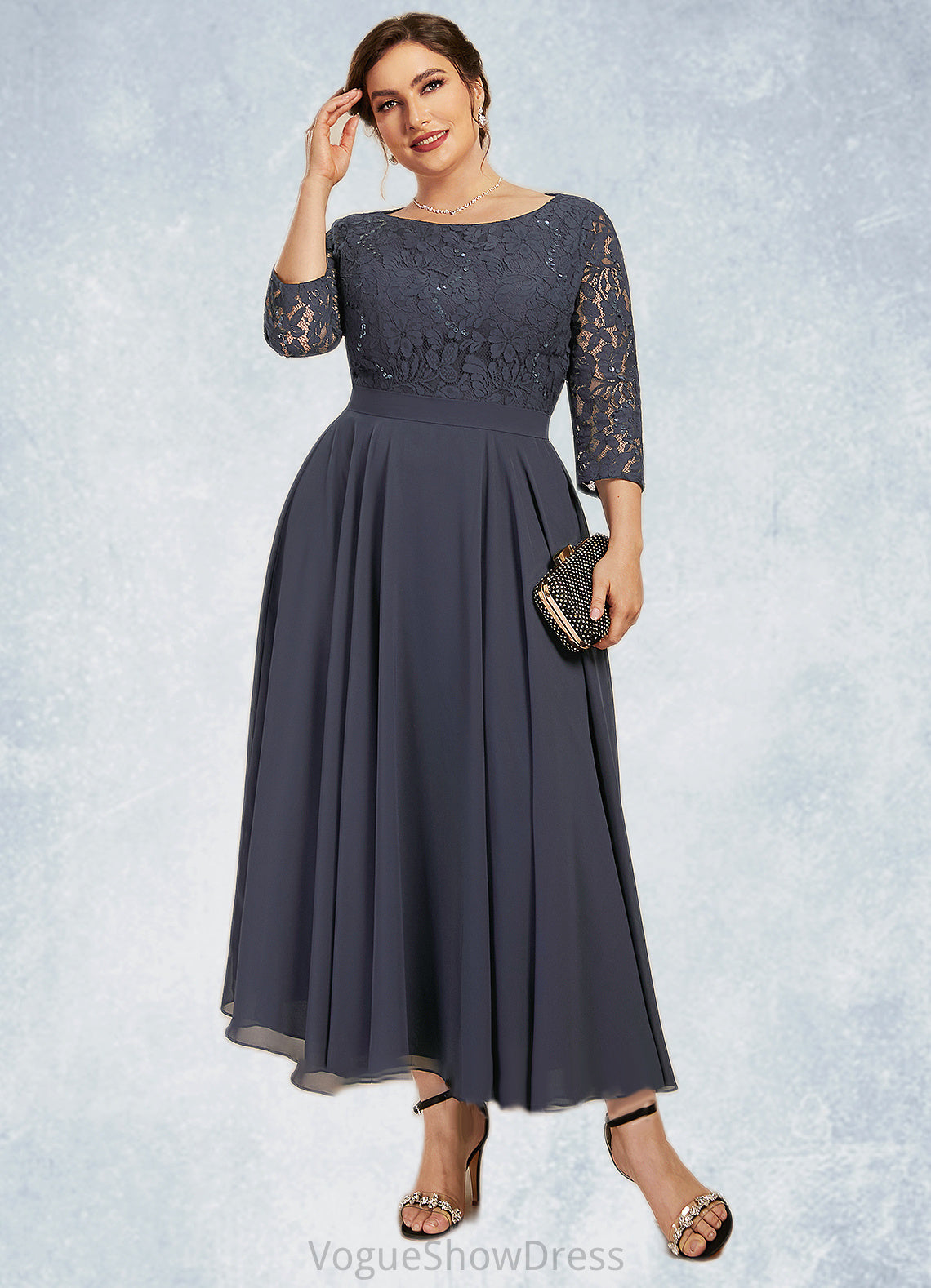 Kaylah A-Line Scoop Neck Tea-Length Chiffon Lace Mother of the Bride Dress With Sequins DL126P0014621