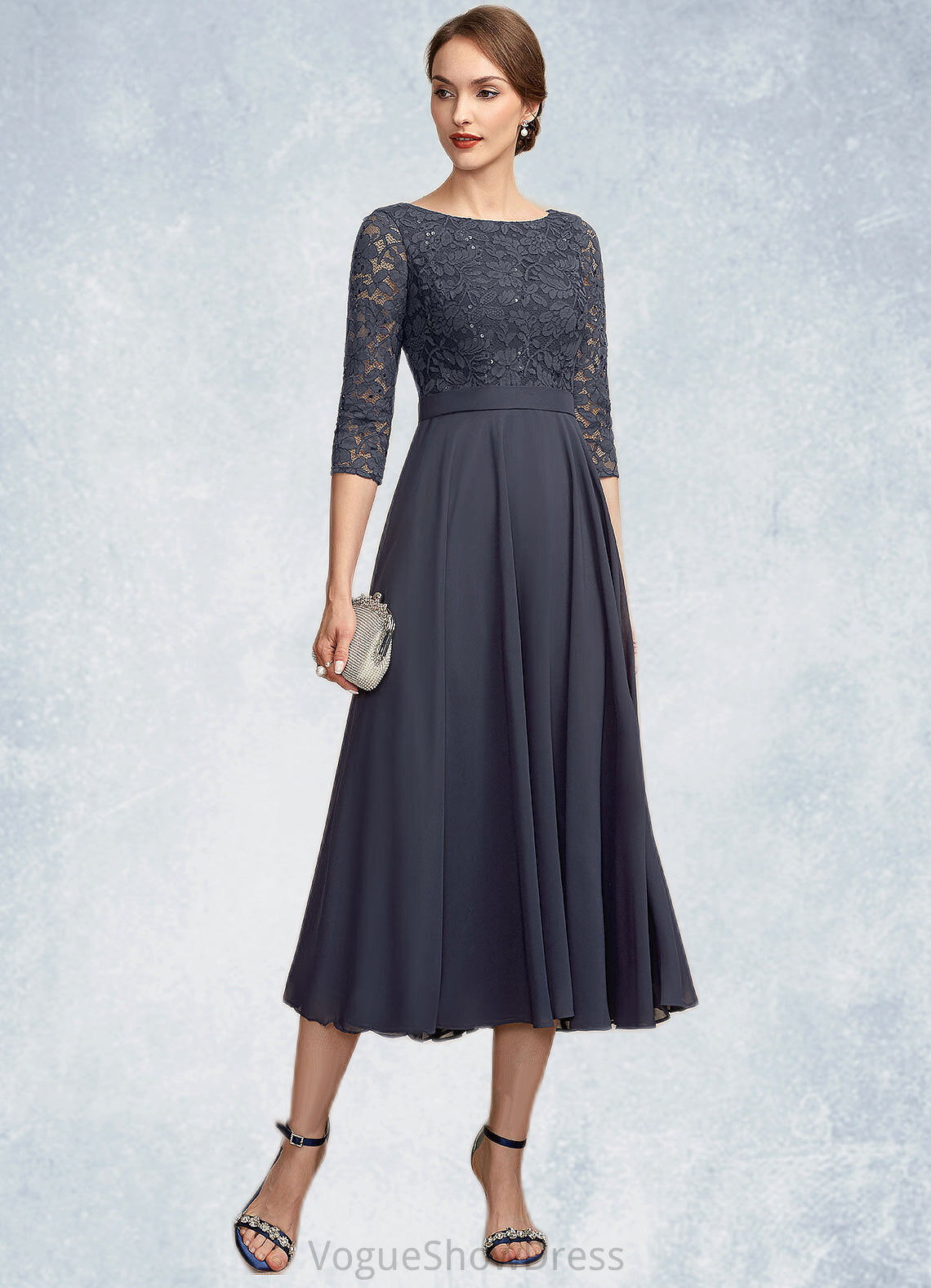 Kaylah A-Line Scoop Neck Tea-Length Chiffon Lace Mother of the Bride Dress With Sequins DL126P0014621