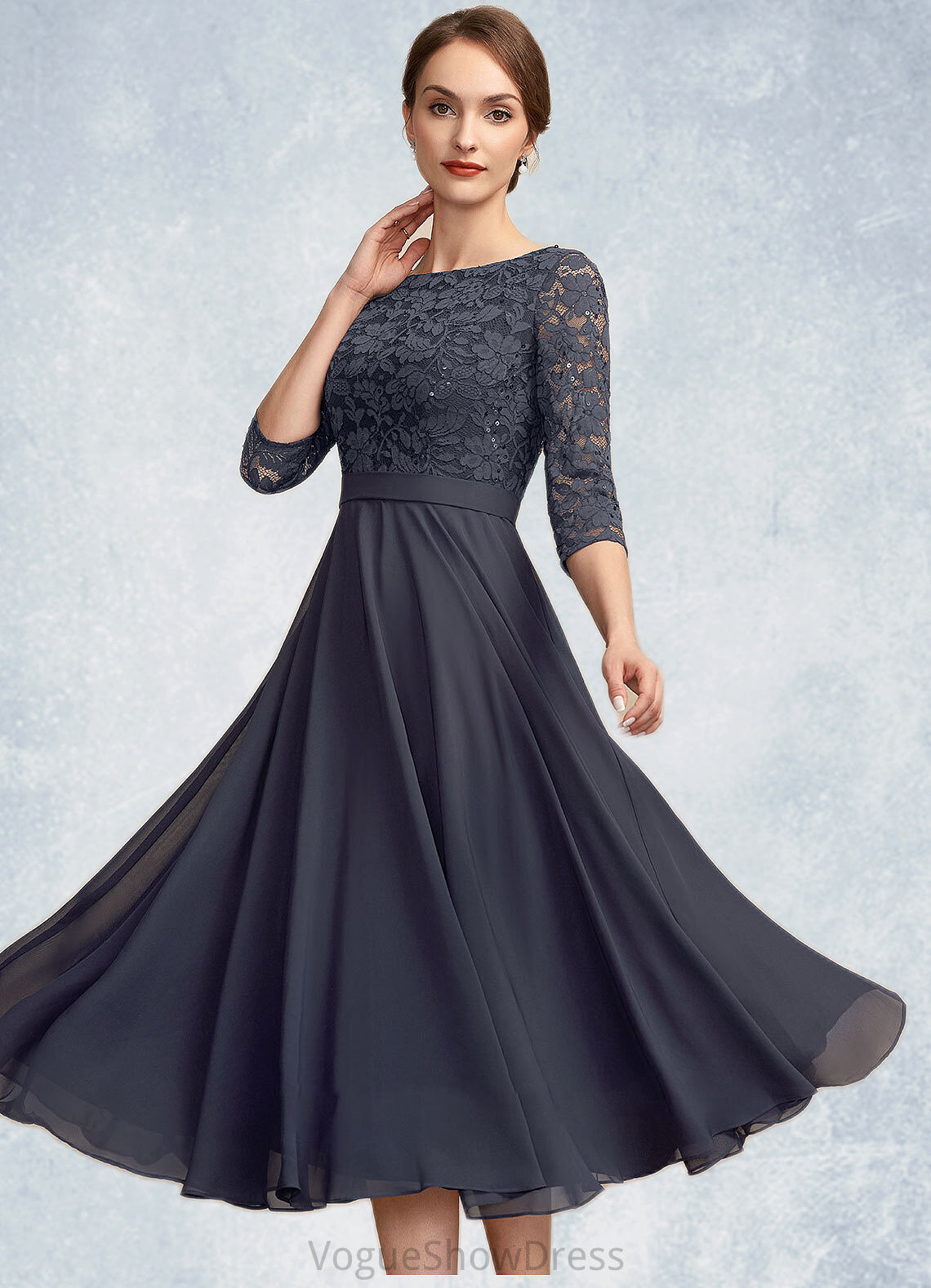 Kaylah A-Line Scoop Neck Tea-Length Chiffon Lace Mother of the Bride Dress With Sequins DL126P0014621