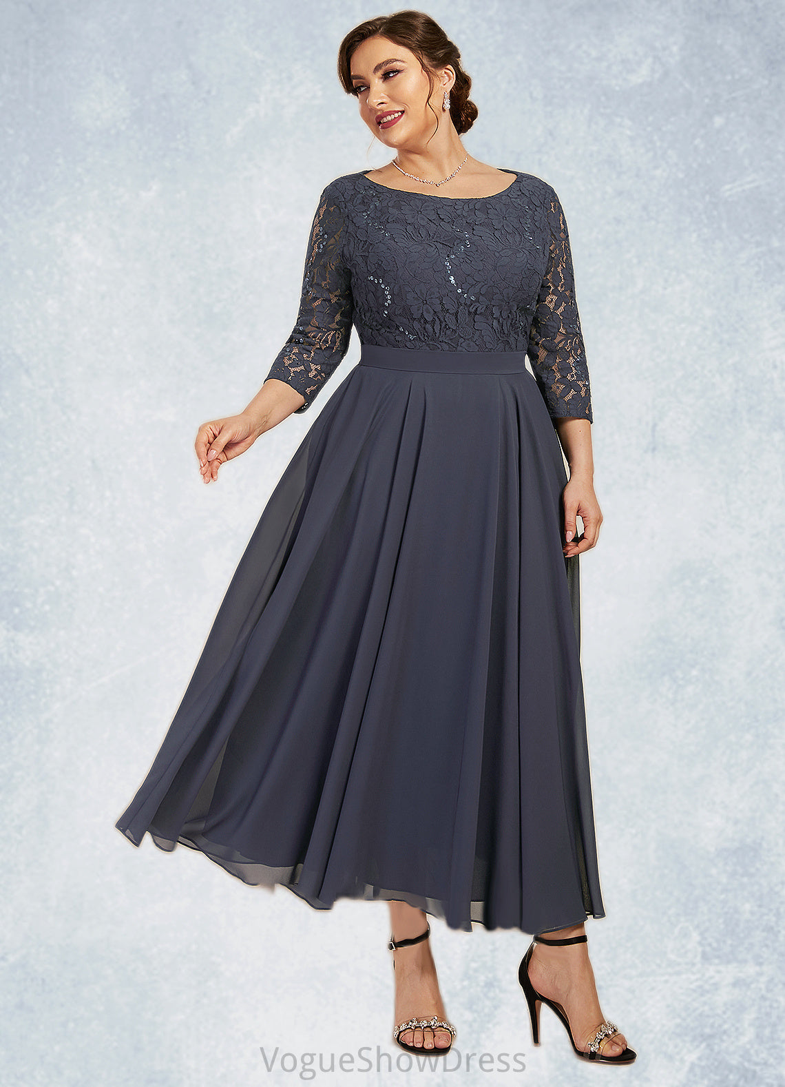 Kaylah A-Line Scoop Neck Tea-Length Chiffon Lace Mother of the Bride Dress With Sequins DL126P0014621