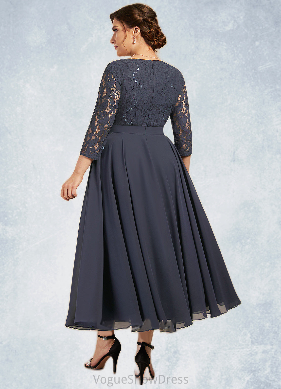 Kaylah A-Line Scoop Neck Tea-Length Chiffon Lace Mother of the Bride Dress With Sequins DL126P0014621