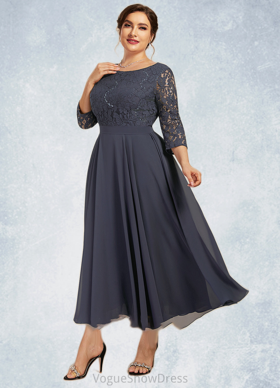 Kaylah A-Line Scoop Neck Tea-Length Chiffon Lace Mother of the Bride Dress With Sequins DL126P0014621