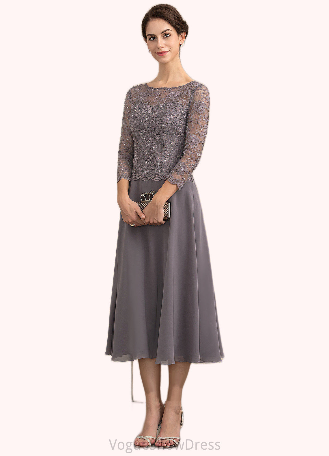 Winifred A-Line Scoop Neck Tea-Length Chiffon Lace Mother of the Bride Dress With Sequins DL126P0014622