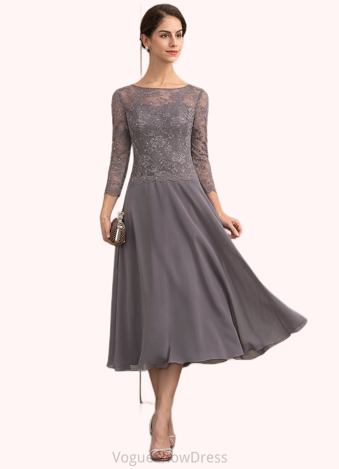 Winifred A-Line Scoop Neck Tea-Length Chiffon Lace Mother of the Bride Dress With Sequins DL126P0014622