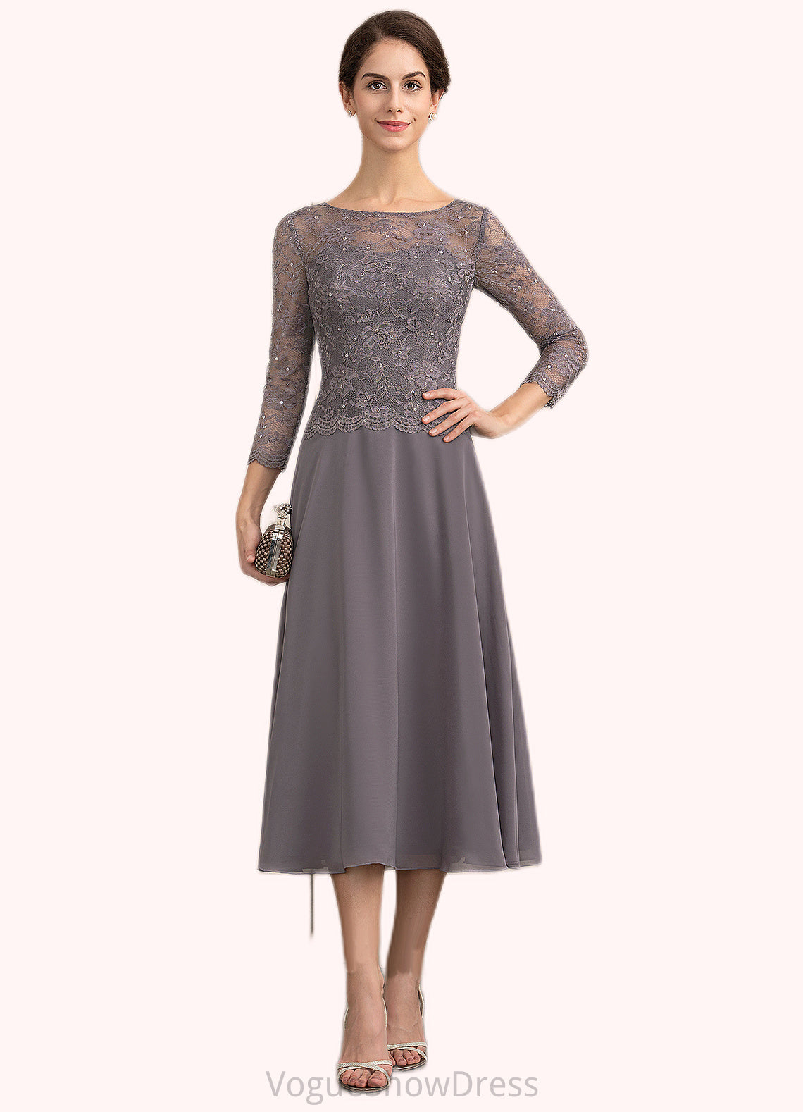 Winifred A-Line Scoop Neck Tea-Length Chiffon Lace Mother of the Bride Dress With Sequins DL126P0014622