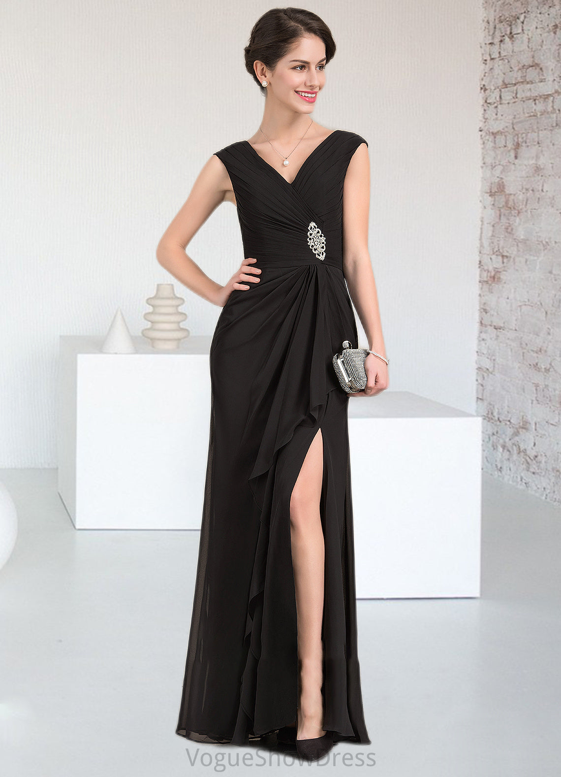 Silvia A-Line V-neck Floor-Length Chiffon Mother of the Bride Dress With Beading Split Front Cascading Ruffles DL126P0014623