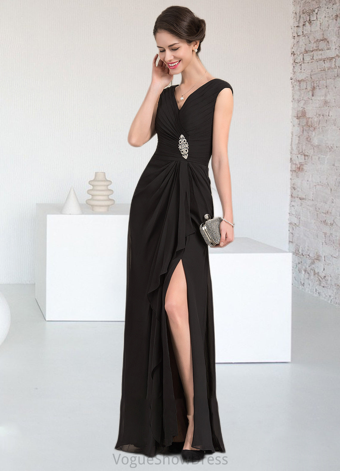 Silvia A-Line V-neck Floor-Length Chiffon Mother of the Bride Dress With Beading Split Front Cascading Ruffles DL126P0014623