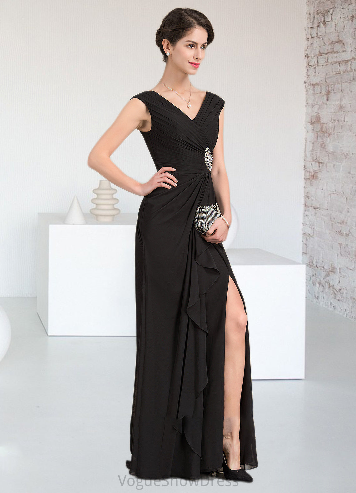 Silvia A-Line V-neck Floor-Length Chiffon Mother of the Bride Dress With Beading Split Front Cascading Ruffles DL126P0014623