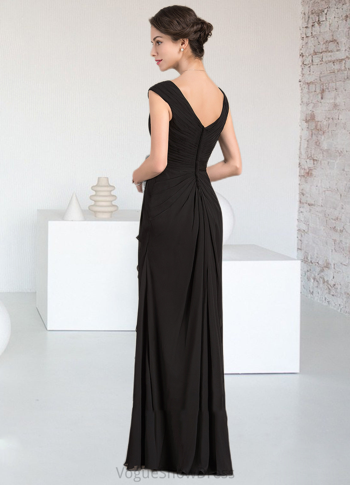 Silvia A-Line V-neck Floor-Length Chiffon Mother of the Bride Dress With Beading Split Front Cascading Ruffles DL126P0014623