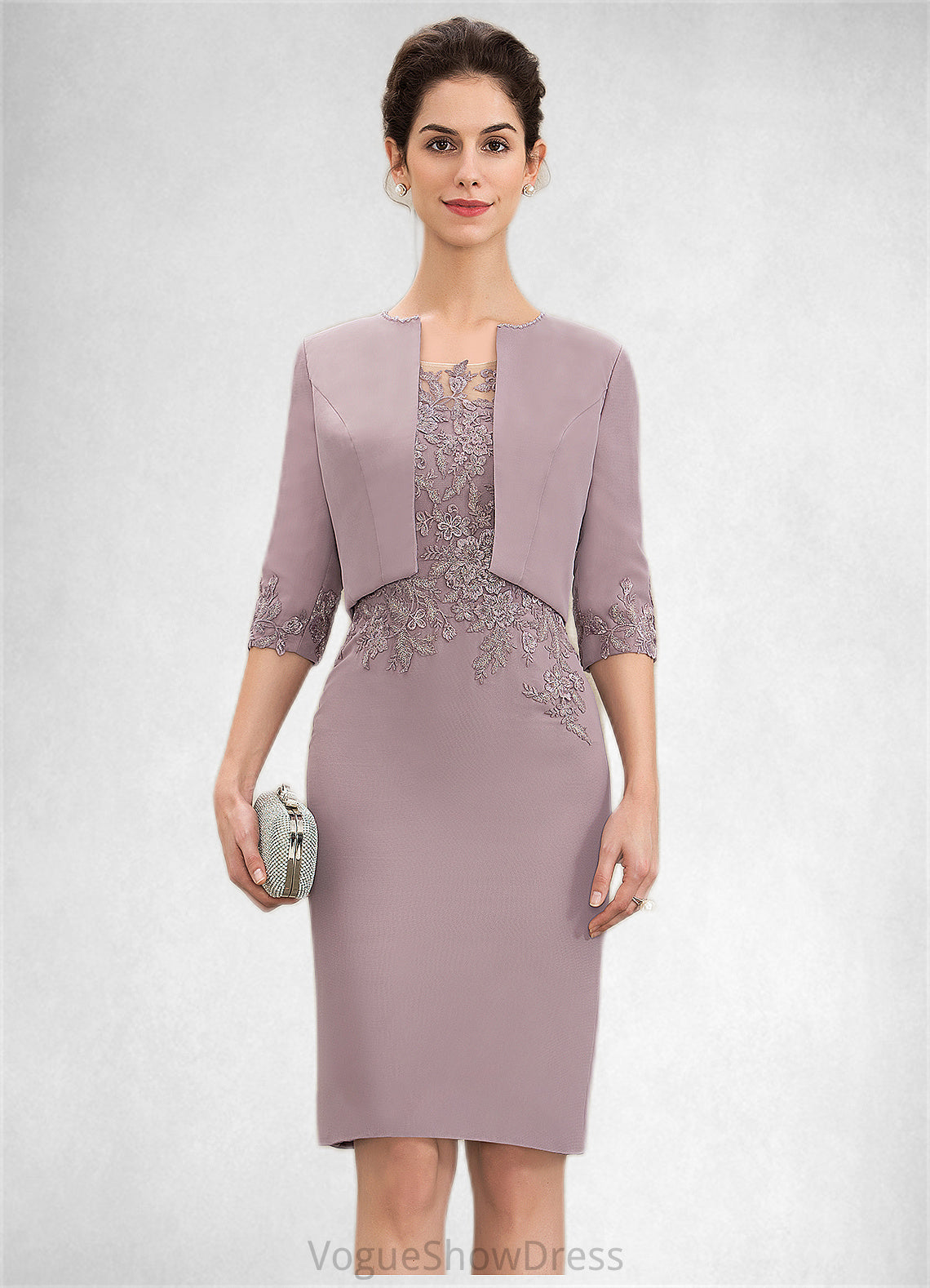 Alexia Sheath/Column Scoop Neck Knee-Length Chiffon Lace Mother of the Bride Dress DL126P0014624