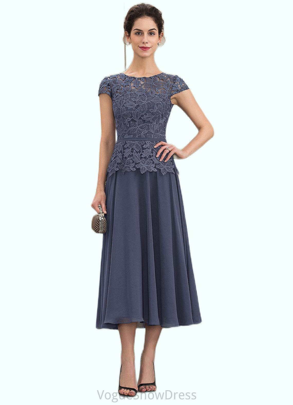 Paisley A-Line Scoop Neck Tea-Length Chiffon Lace Mother of the Bride Dress DL126P0014627