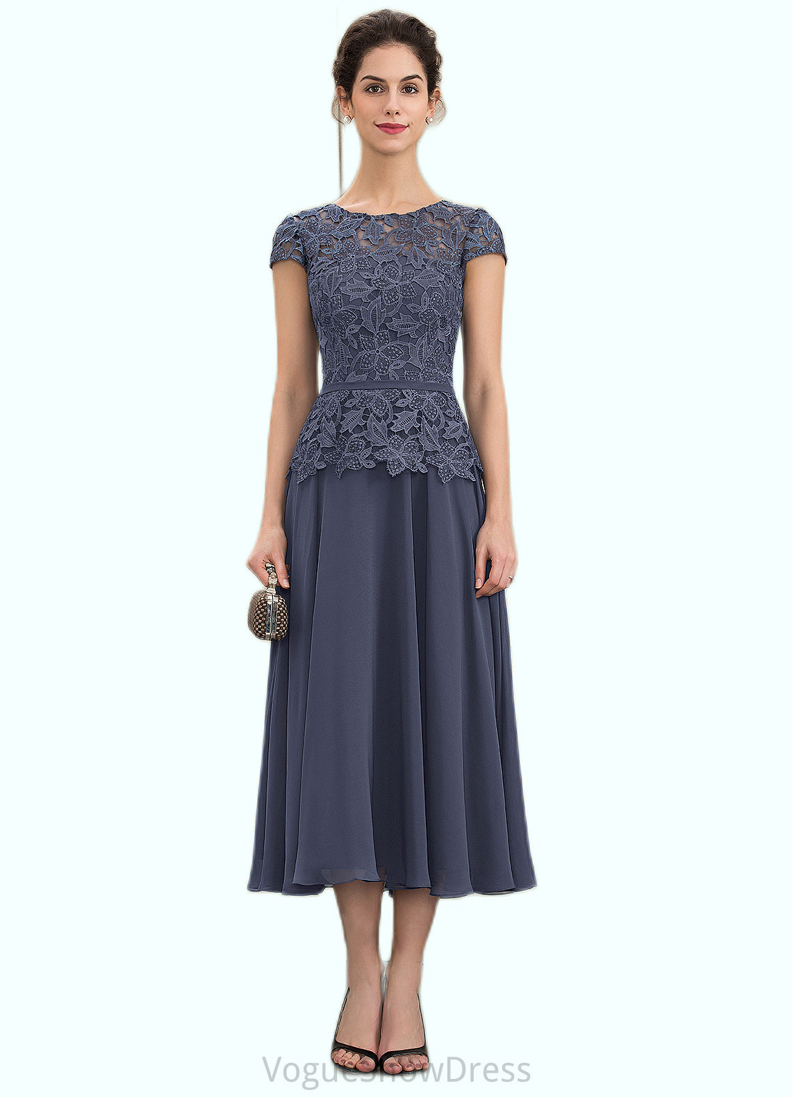 Paisley A-Line Scoop Neck Tea-Length Chiffon Lace Mother of the Bride Dress DL126P0014627