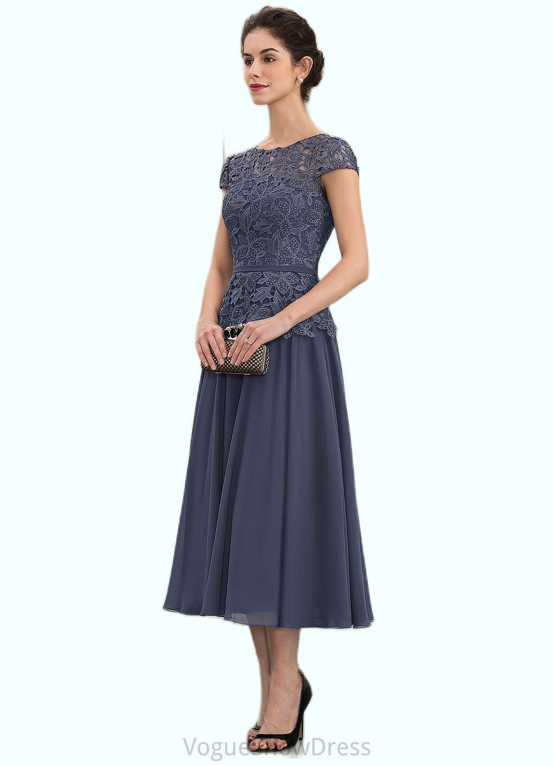 Paisley A-Line Scoop Neck Tea-Length Chiffon Lace Mother of the Bride Dress DL126P0014627