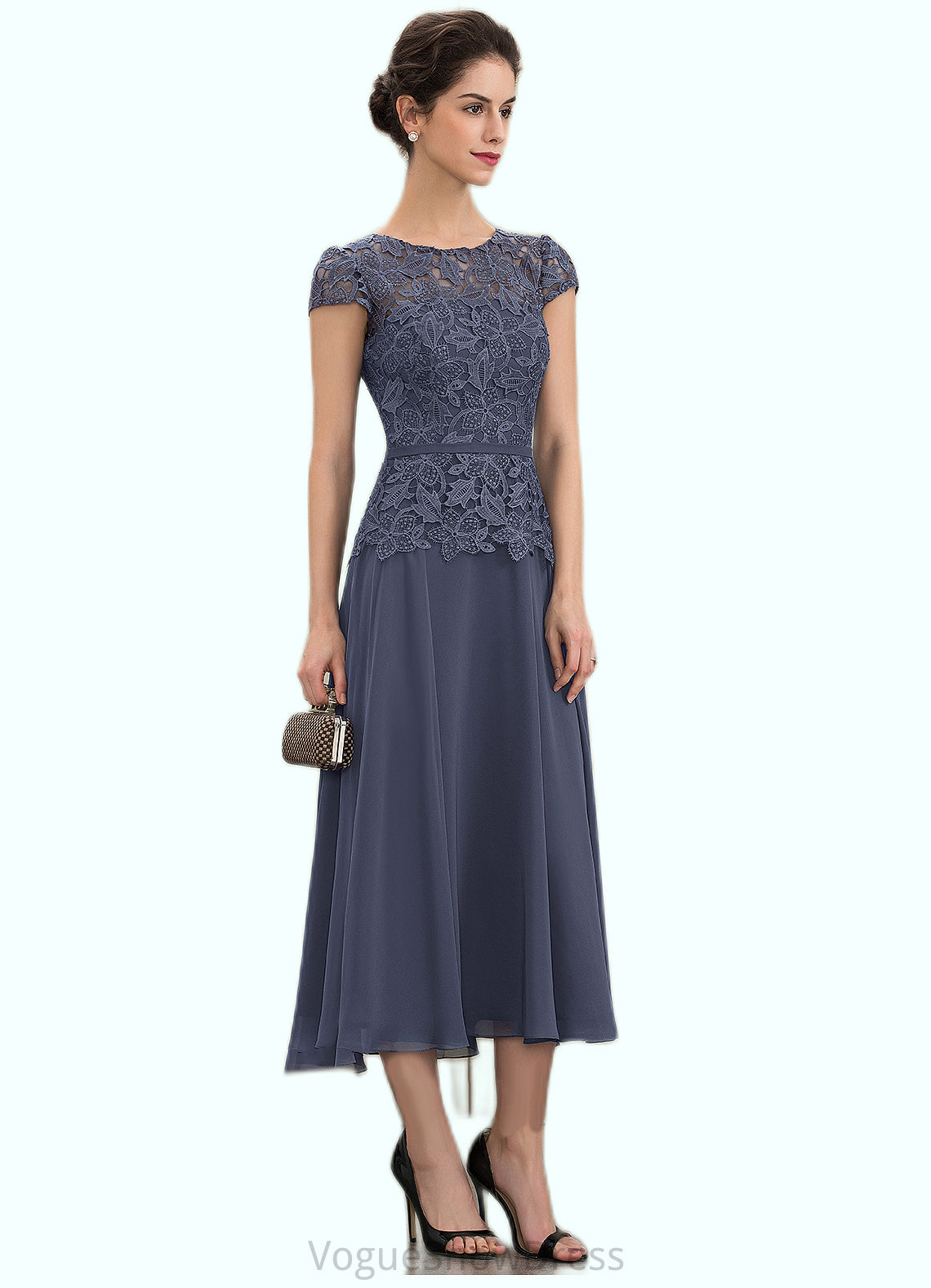 Paisley A-Line Scoop Neck Tea-Length Chiffon Lace Mother of the Bride Dress DL126P0014627