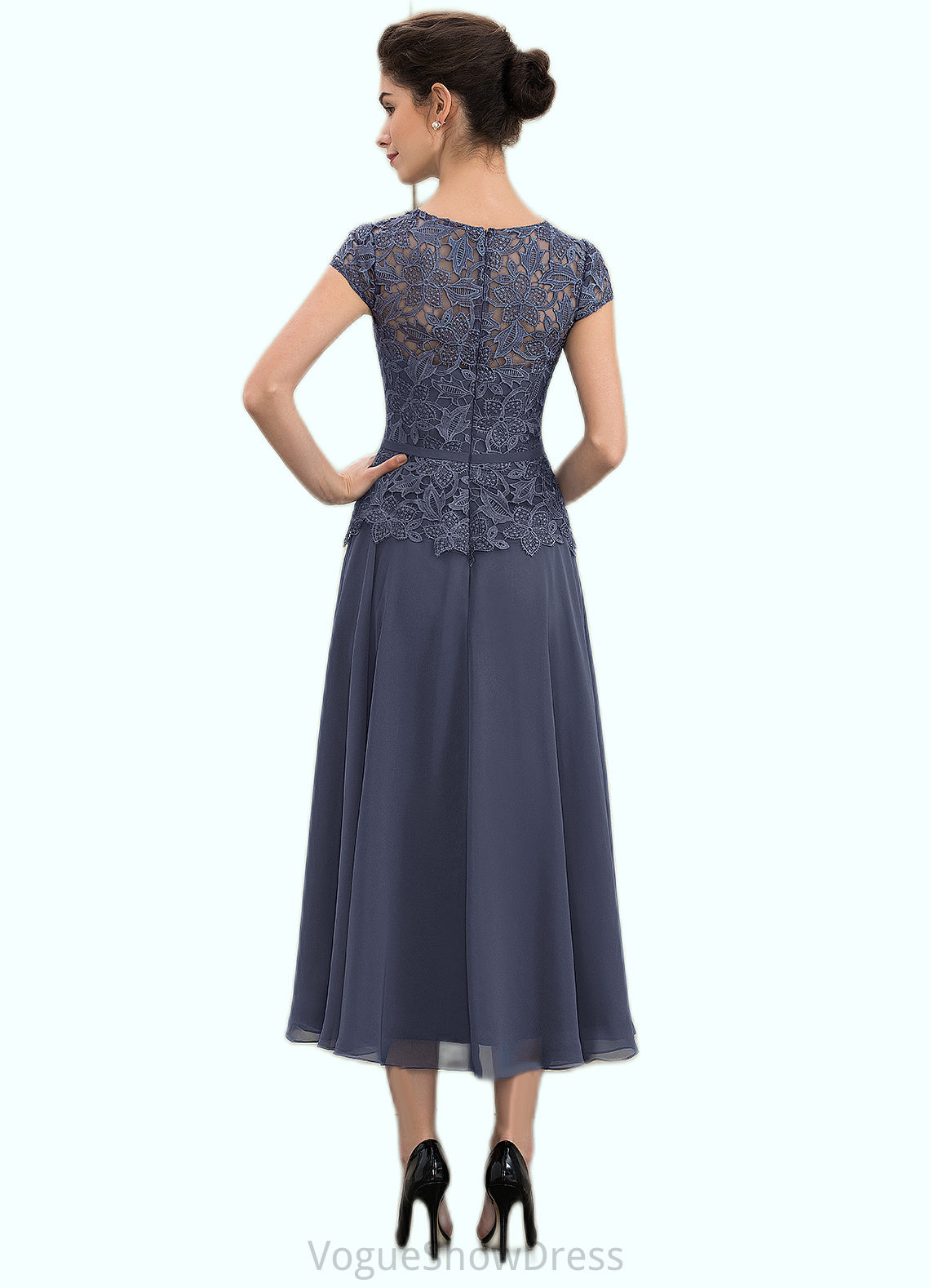 Paisley A-Line Scoop Neck Tea-Length Chiffon Lace Mother of the Bride Dress DL126P0014627