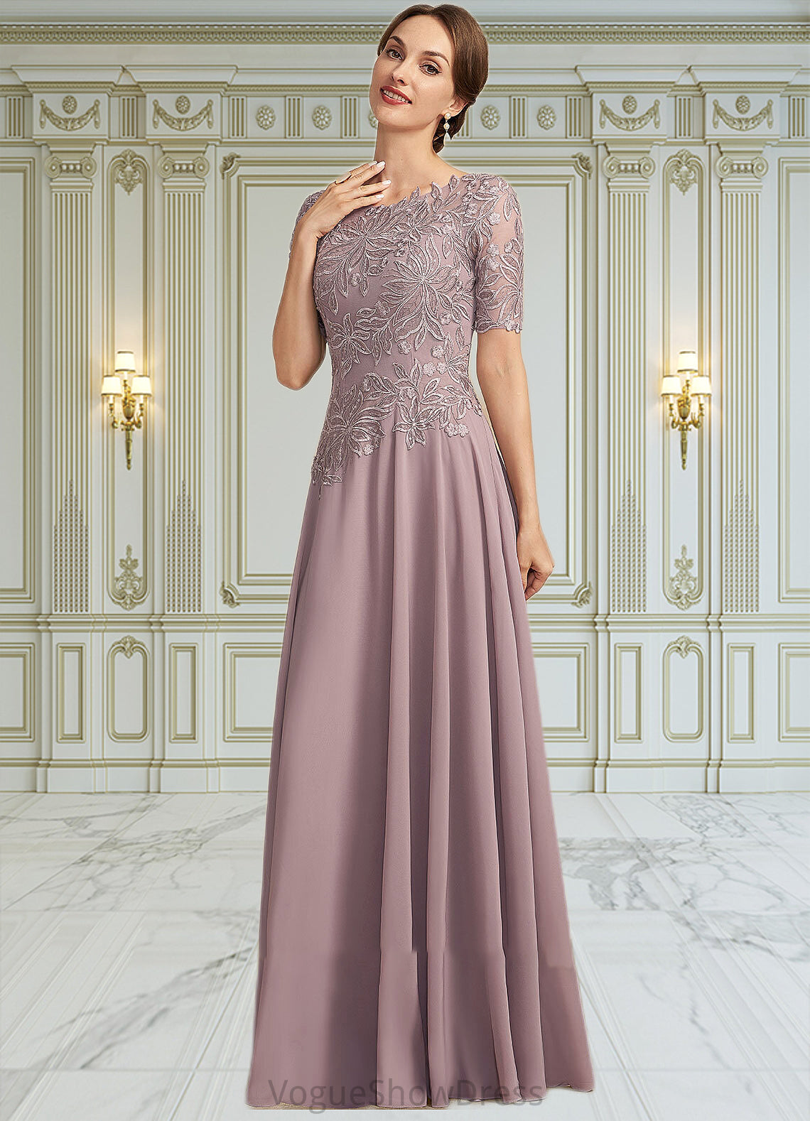 Brooklyn A-Line Scoop Neck Floor-Length Chiffon Lace Mother of the Bride Dress DL126P0014628