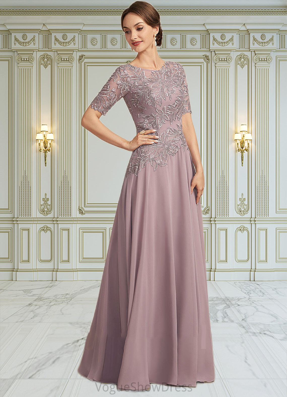 Brooklyn A-Line Scoop Neck Floor-Length Chiffon Lace Mother of the Bride Dress DL126P0014628